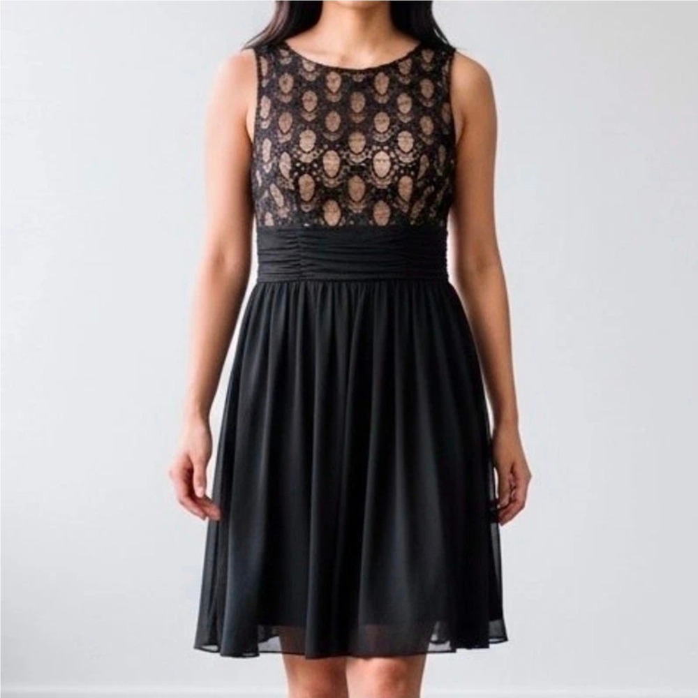 JH Evenings BK Lace Sequin Cocktail Dress Size 12 Ruched Waist V-Back Sleeveless